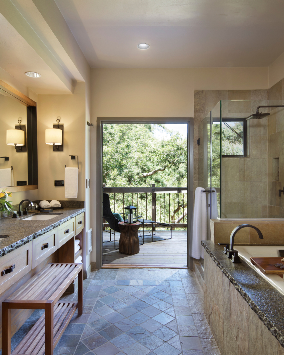 interior shot of the bathroom vanity and tub