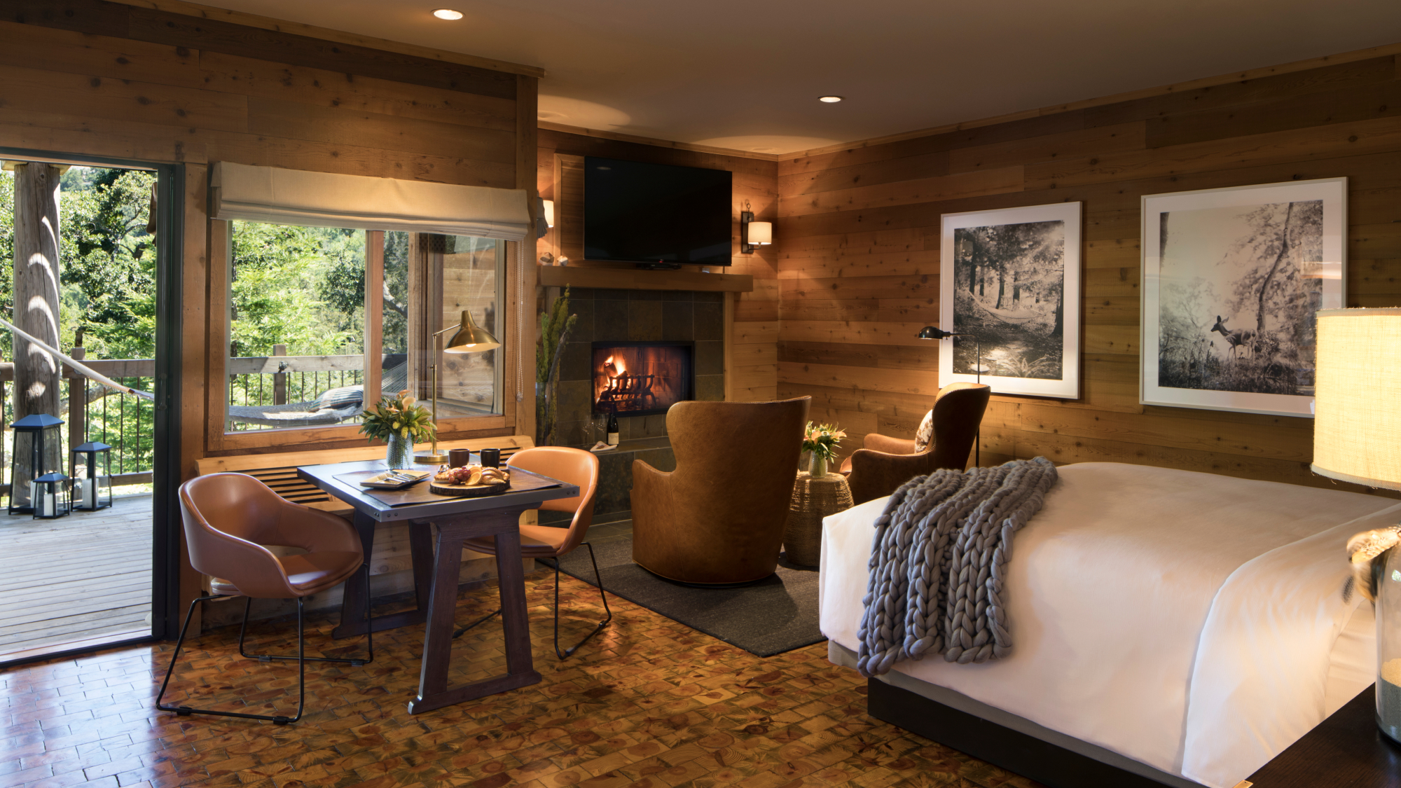 interior shot of bedroom with fireplace