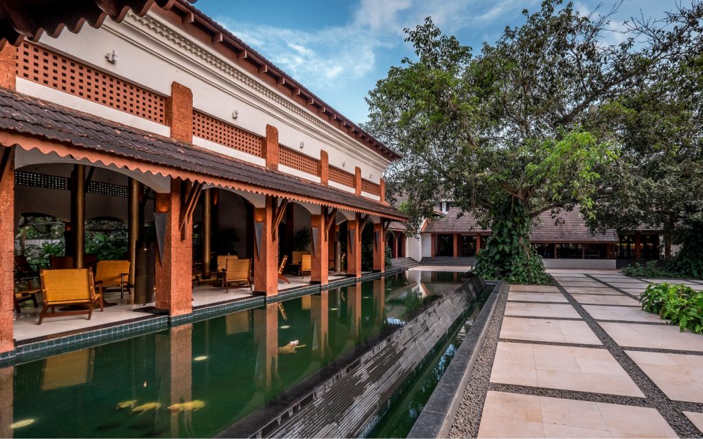 decorative pond on hotel property