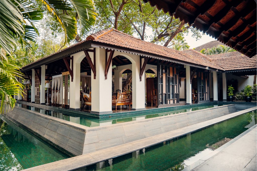 exterior view of restaurant and pond
