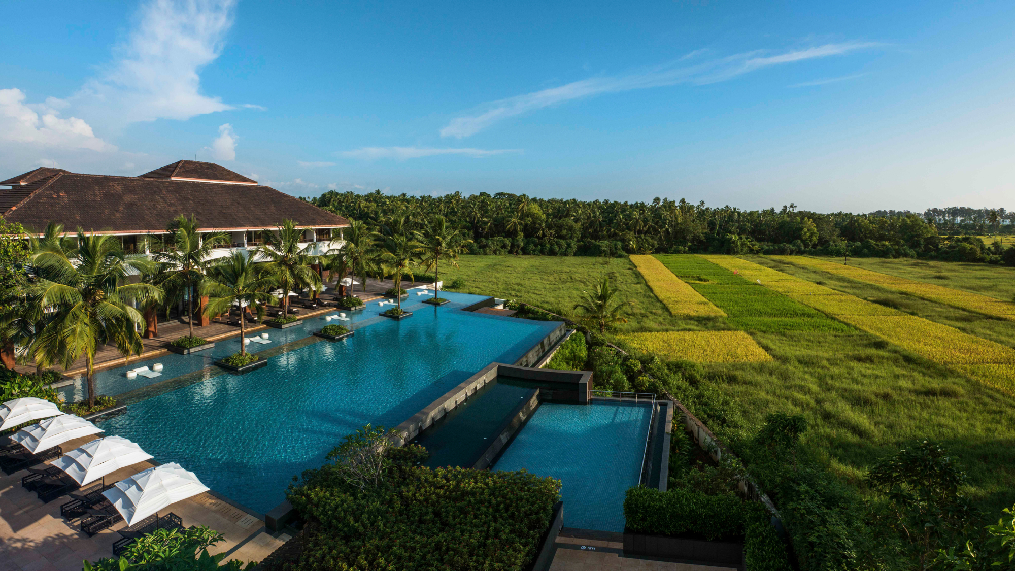 hotel pool with green fields and trees in the background