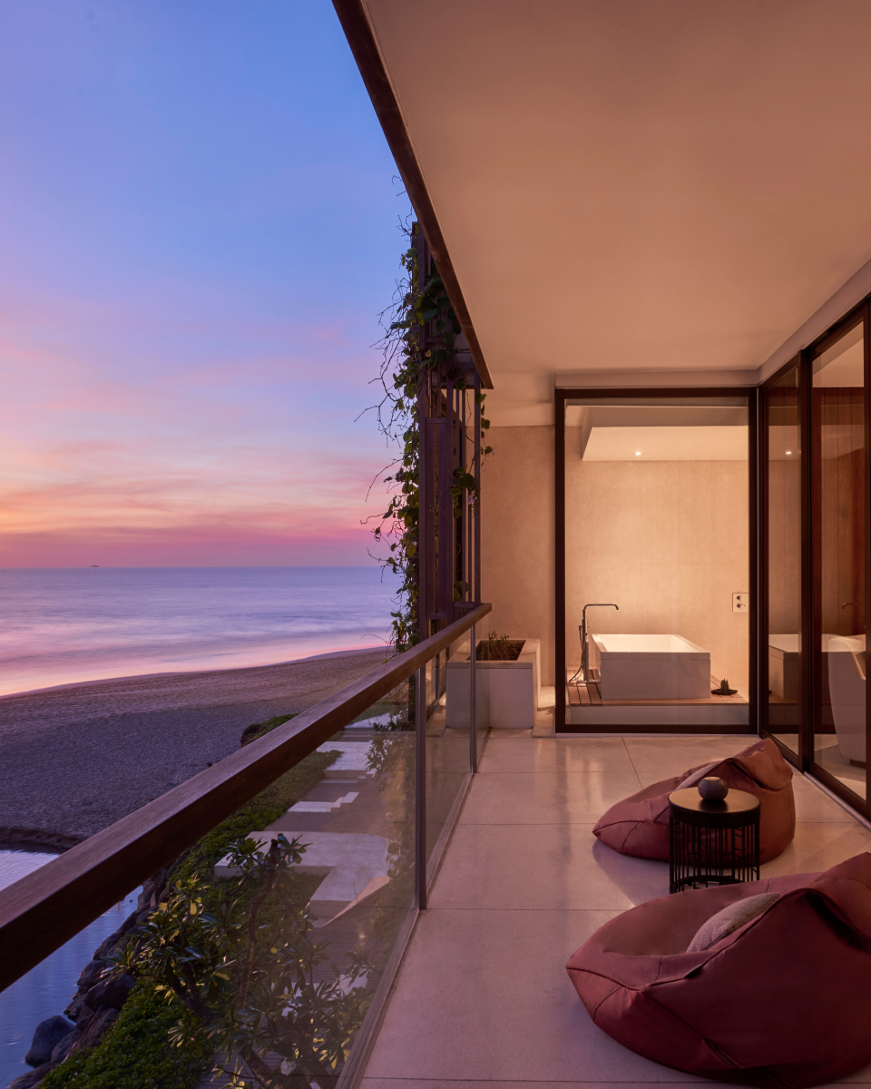 Balcony with furniture at sunset