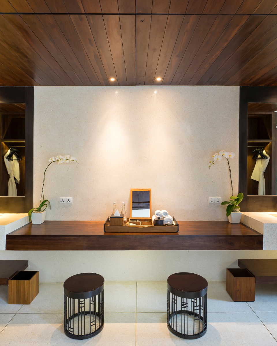 Wooden table with wooden stools