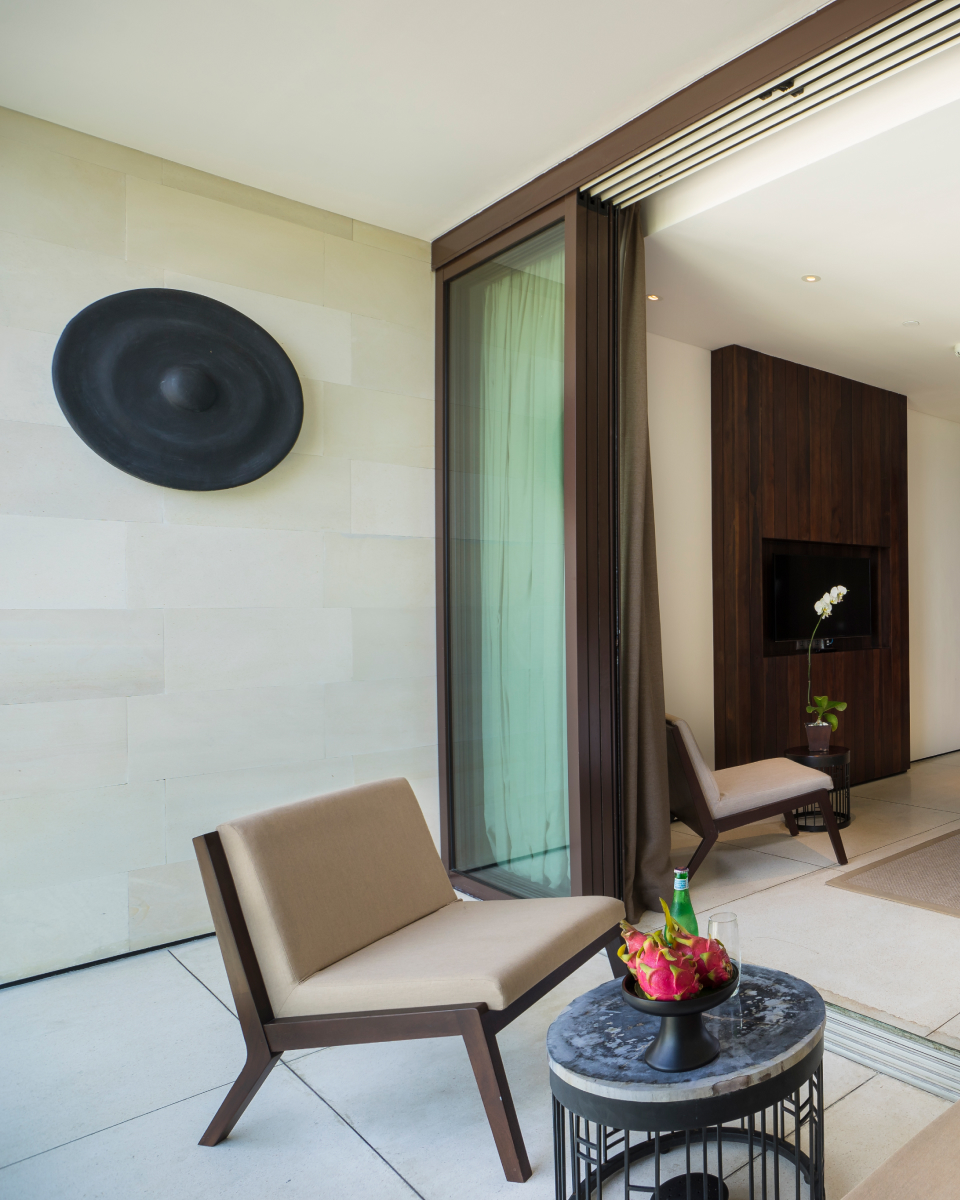 Cushioned furniture and resting table on terrace