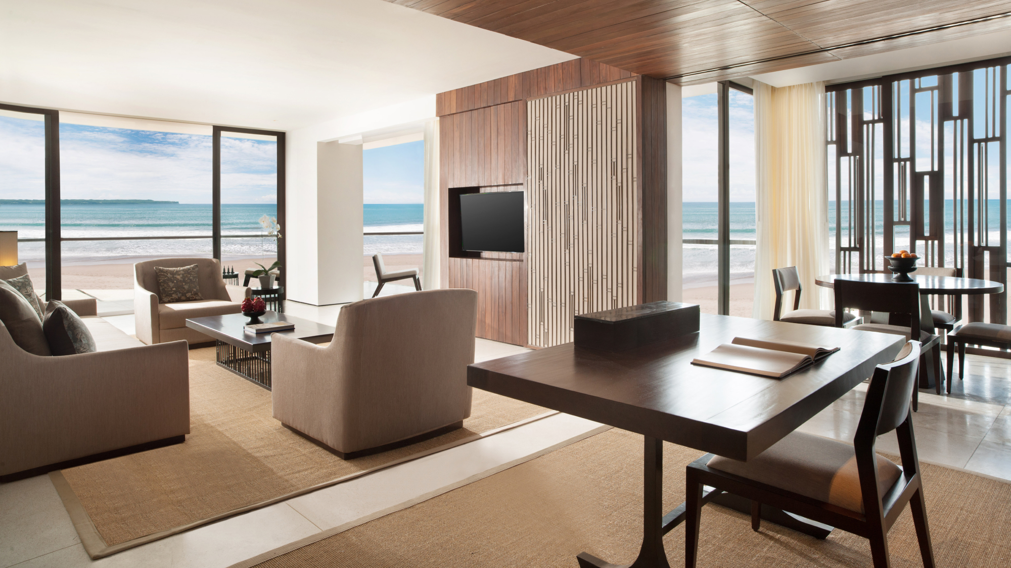 Living room area with beach view.