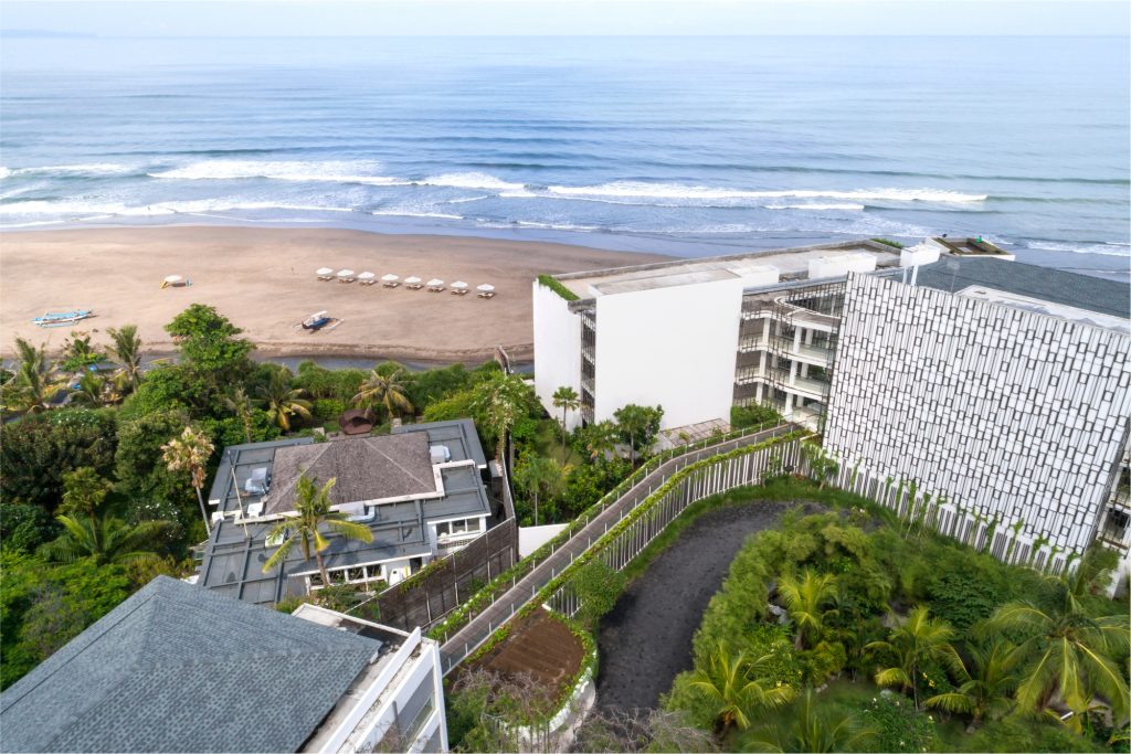 Overhead shot of the hotel facing the beach.