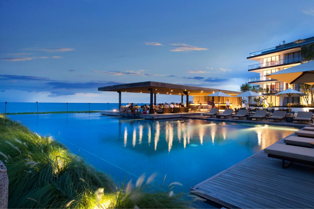 Pool and lounge view at dusk