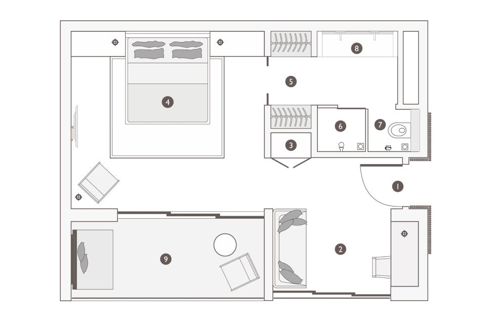 1 king bed studio balcony floorplan