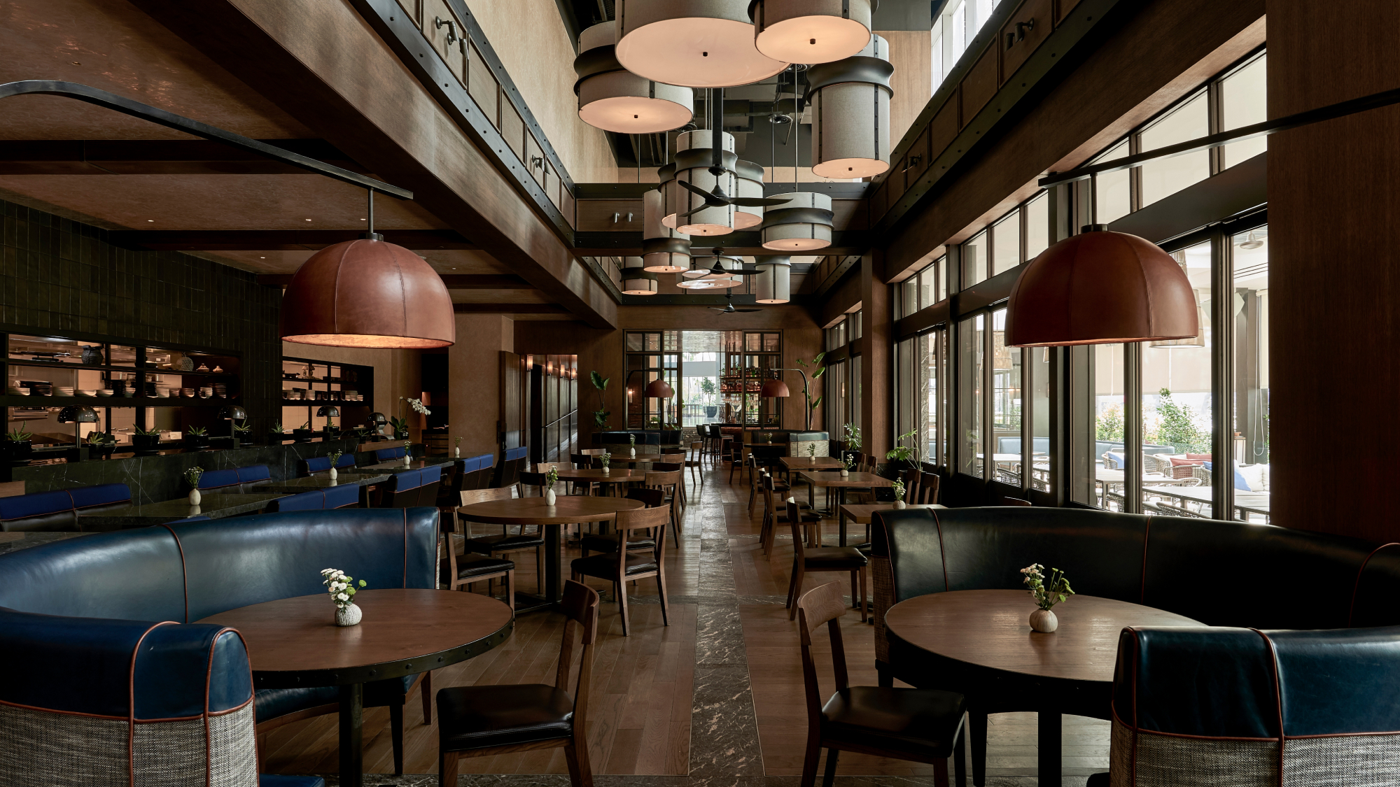 round wooden tables in restaurant