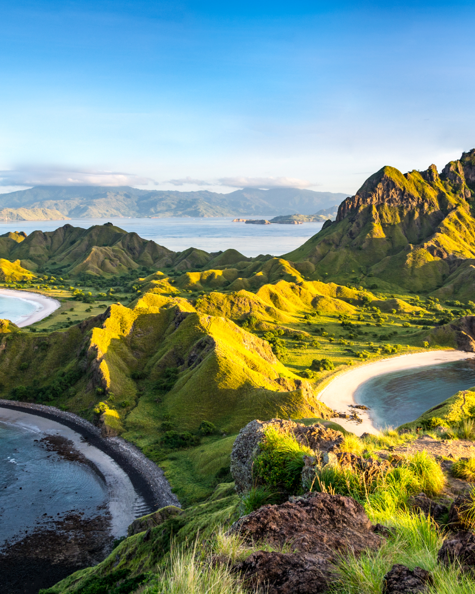 Sun shining on lush greenery of Komodo Islands.