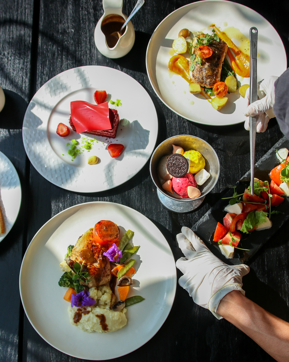 aerial view of japaense dishes and fruit