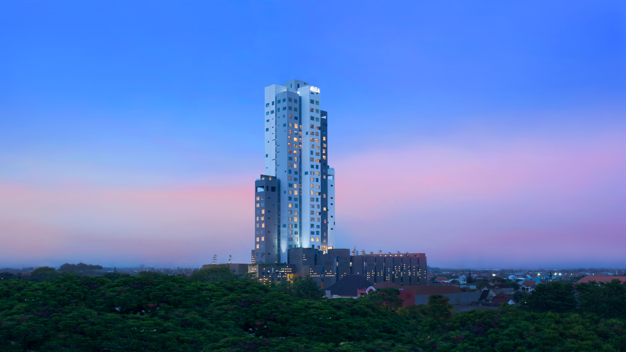 Skyline view with prominent Alila Solo hotel tower.