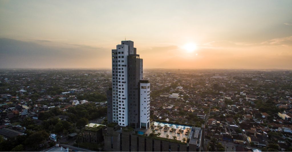 Skyline view of hotel during sunset