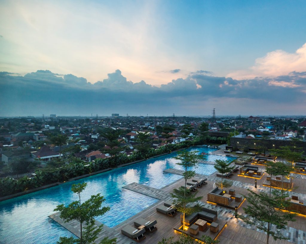 Overhead shot of the pool from above at sunrise.