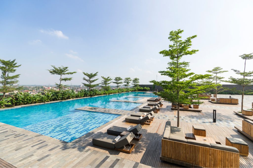 Pool and lounge area overlooking the city.